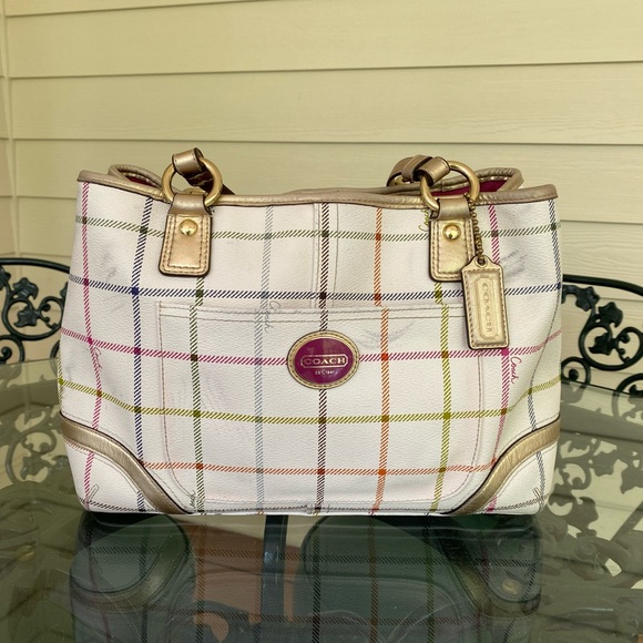 Coach Peyton Tattersall Plaid Cream Leather Tote - Picture 2 of 14
